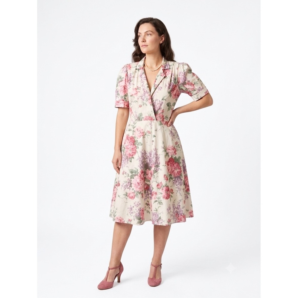 Vintage Miss Dorby Floral Cotton Shirtdress 10 Padded Shoulder USA Cottagecore